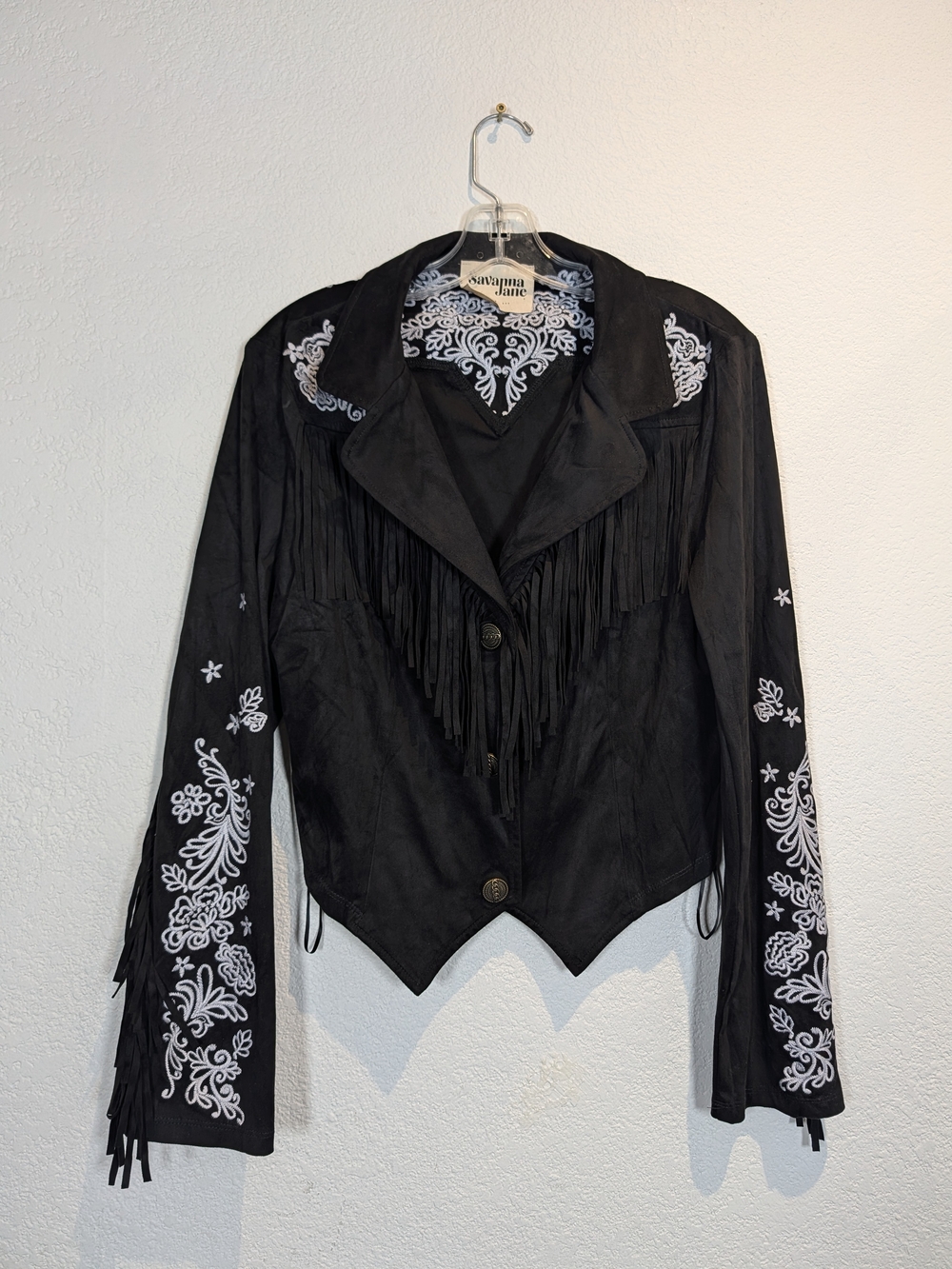 Savanna Jane Black Fringe Jacket with White Embroidery, Size L